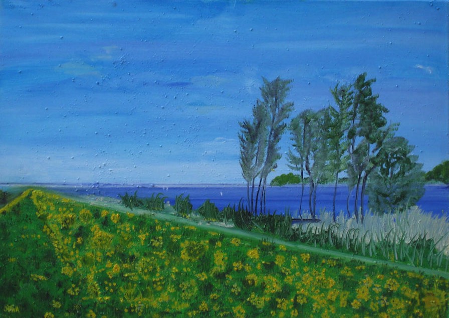 Windiger Tag am Elbdeich, Öl auf Leinwand.