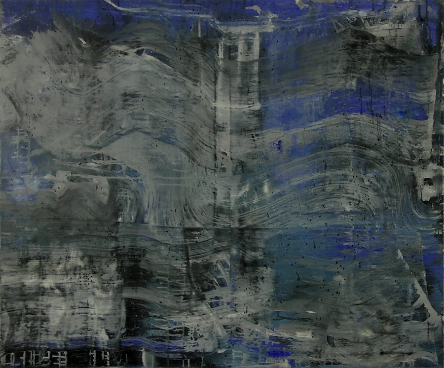 Leuchtturm im Unwetter, Öl auf Leinwand.